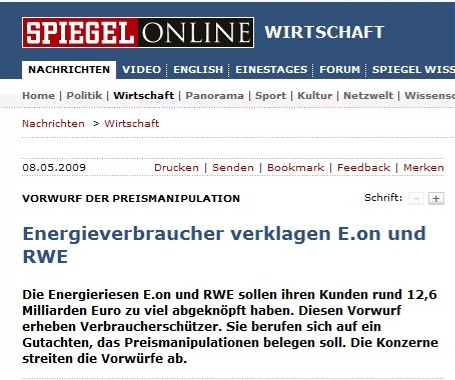 Artículo del Spiegel sobre manipulación de precios de E.ON y RWE